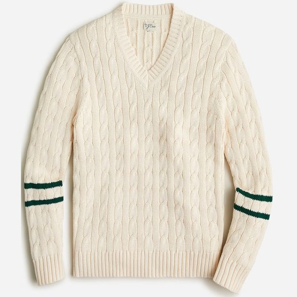 NWT $118 J Crew Heritage Cotton Cable Knit Tennis Stripe V-Neck Sweater in Ivory